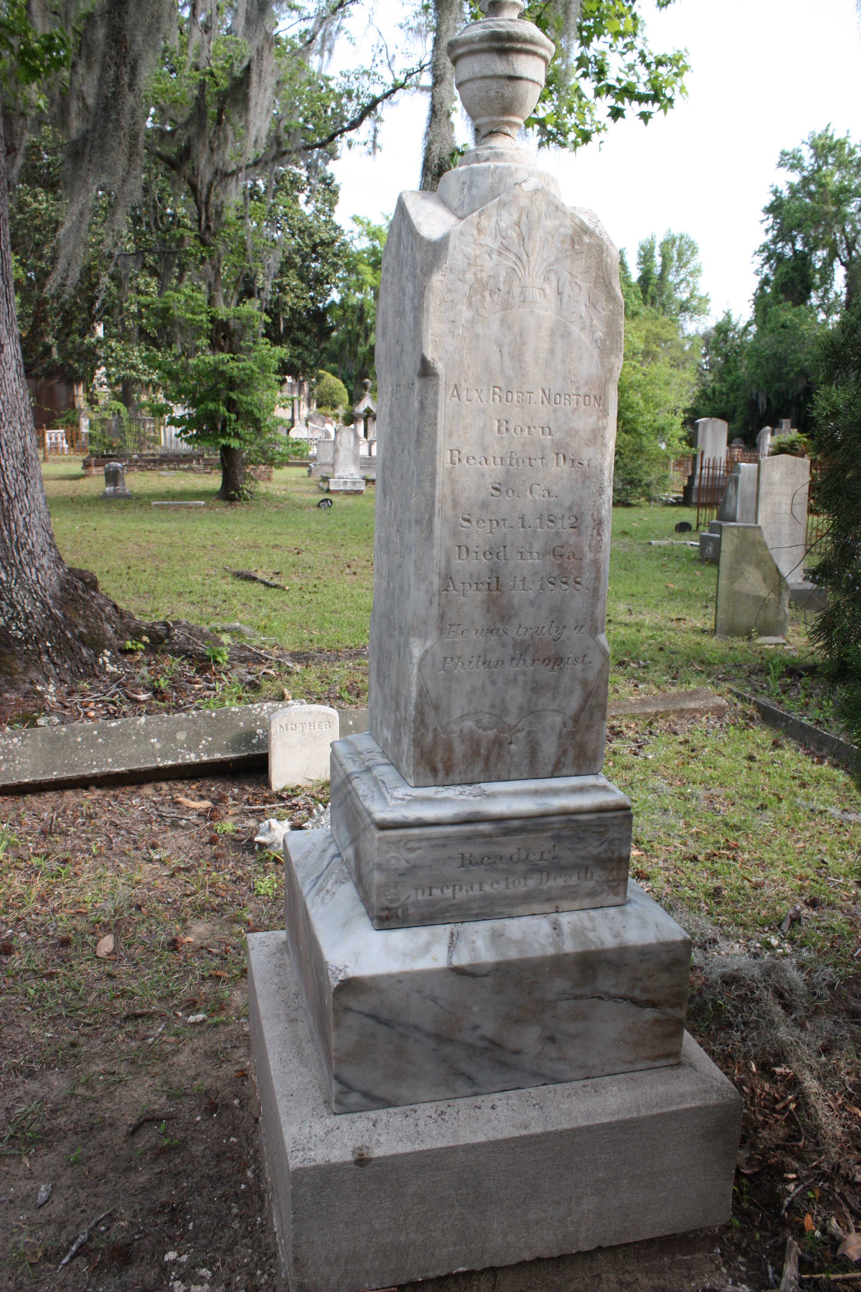 Grave of Alexander Robert Norton, 1812-1888, Laurel Grove Cemetery, Savannah Georgia.