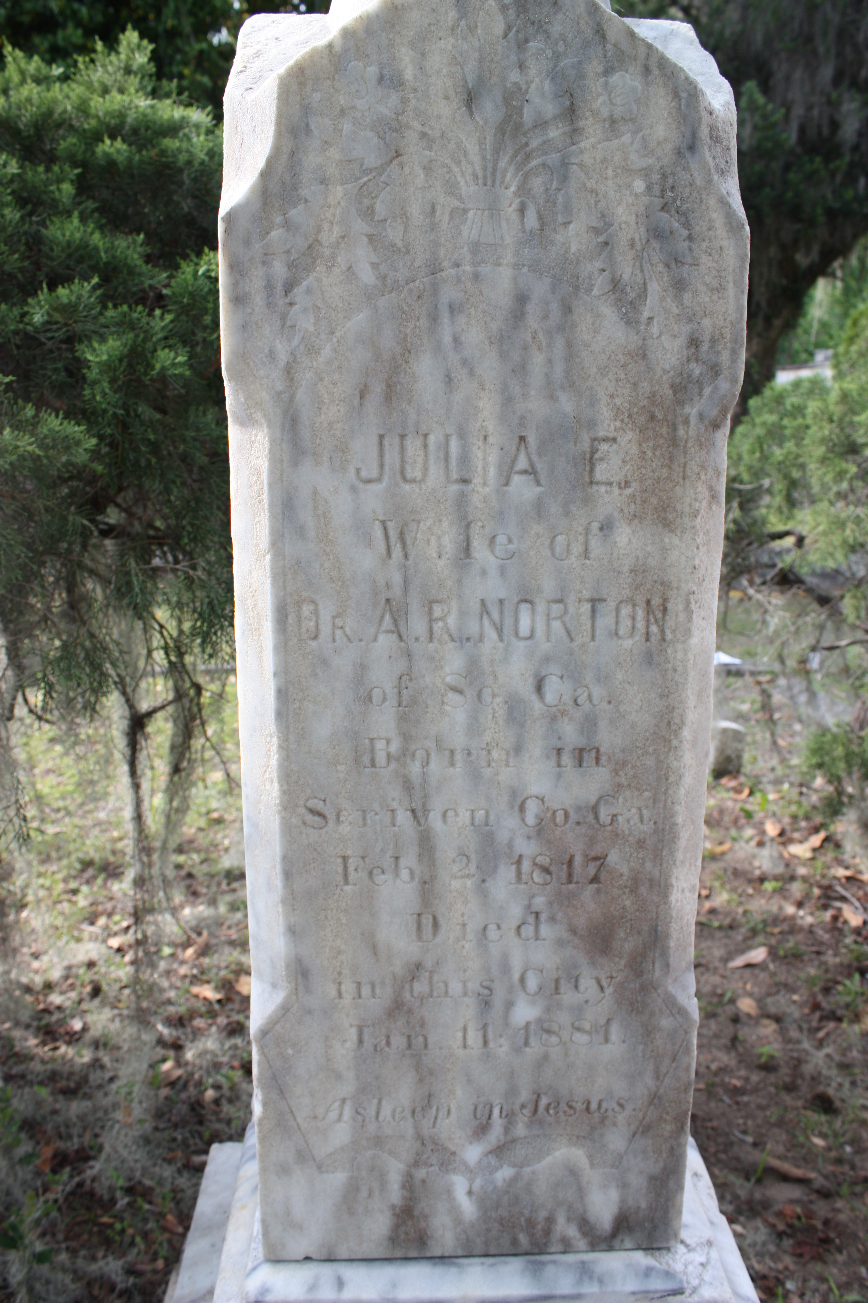 Grave of Julia Elizabeth Greene Norton, 1817-1888, Laurel Grove Cemetery, Savannah Georgia.