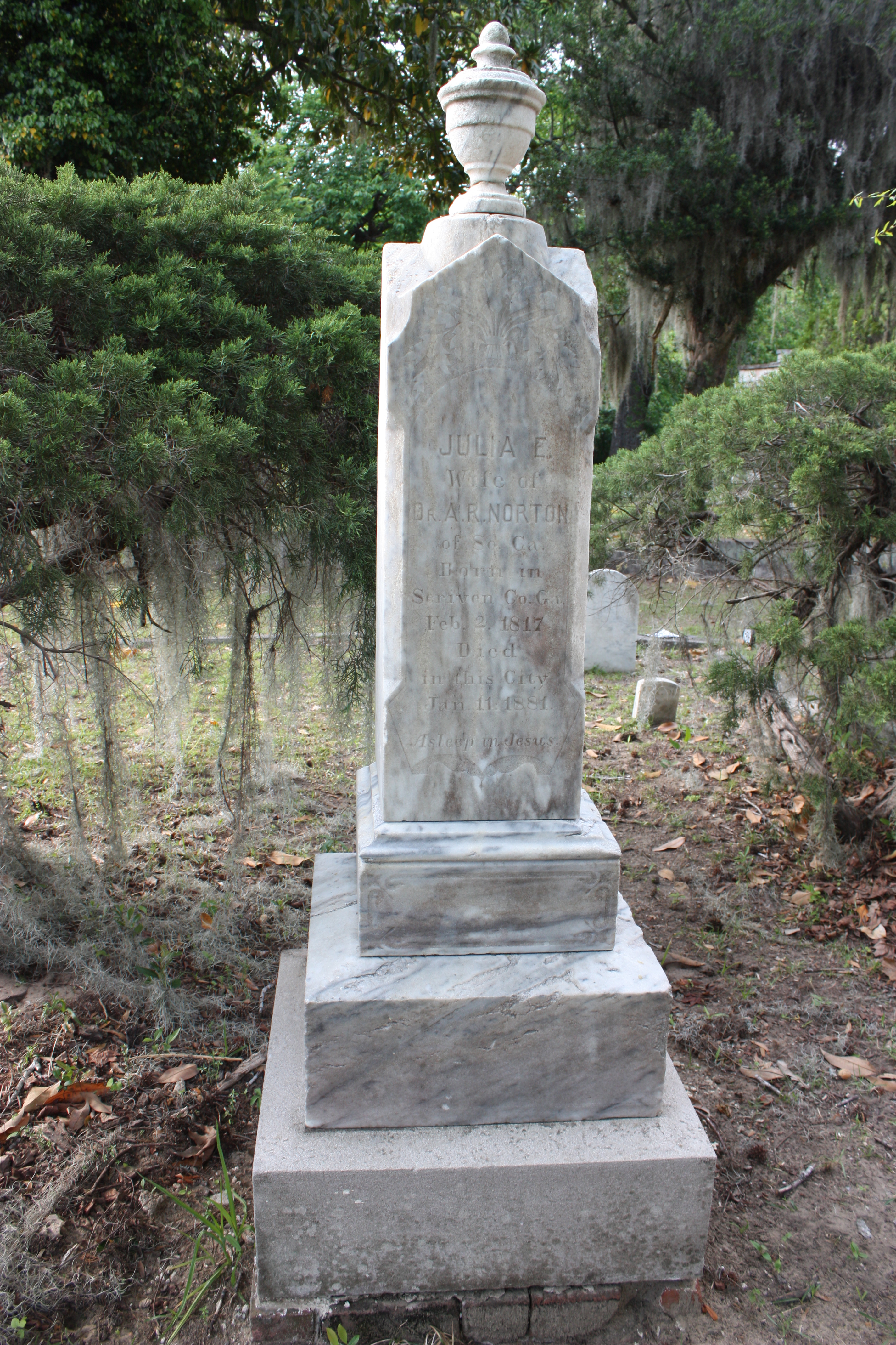Grave of Julia Elizabeth Greene Norton, 1817-1888, Laurel Grove Cemetery, Savannah Georgia.